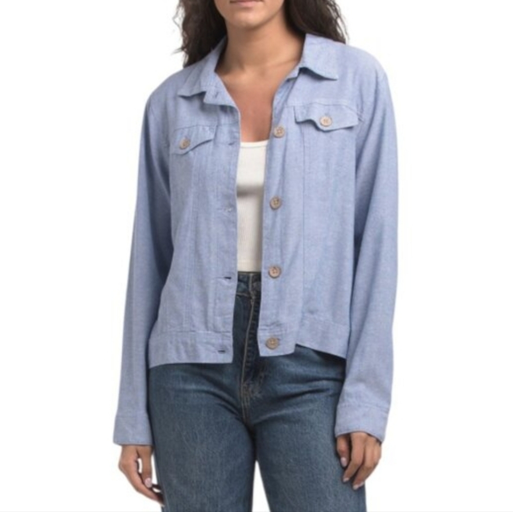 Calvin Klein Linen‎ Trucker Light Blue Jacket Blazer with Silver Buttons Plus 2X